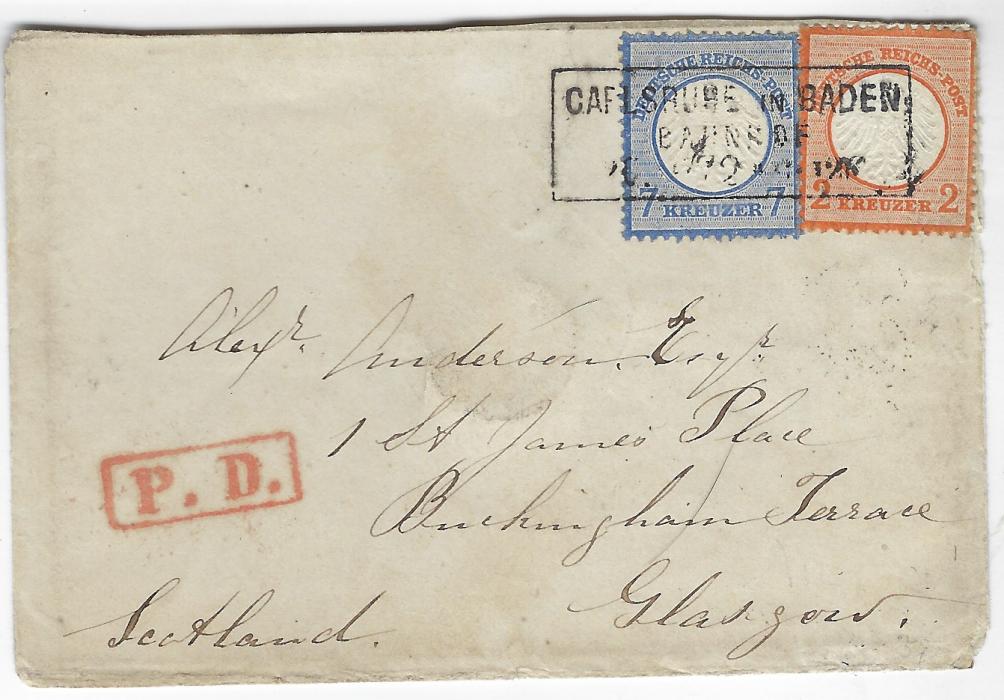Germany 1872 small envelope to Galsgow, Scotland franked Small Shield 2Kr orange and 7Kr blue tied by single framed Carlsruhe in Baden/ Bahnhof date stamp, red framed P. D. handstamp at left, Glasgow backstamp of OC22 and Hillhead arrival; some slight overall ageing and minor envelope faults.