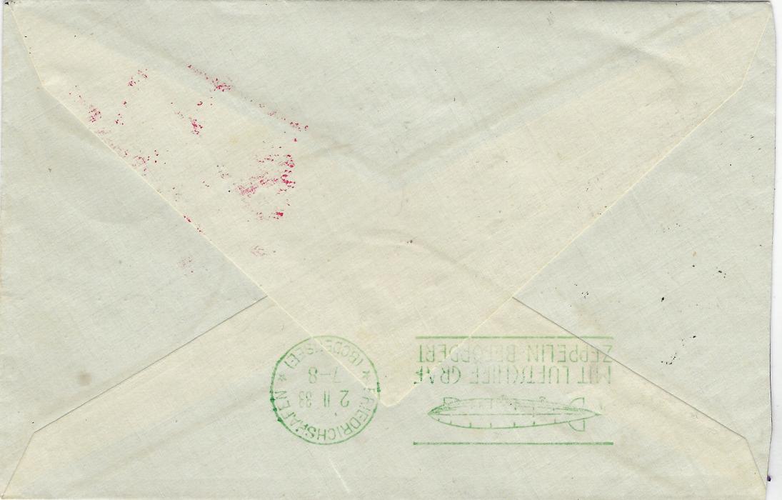 Germany (Zeppelin Mail) 1933 (14.10.) roundtrip Chicago Flight pair of covers, one franked corner marginal pair of 1RM and corner marginal 2RM, the second with single 4RM, cancelled Friedrichshafen cds and red triangular cachet, each envelope with green return arrivals; good clean condition.
