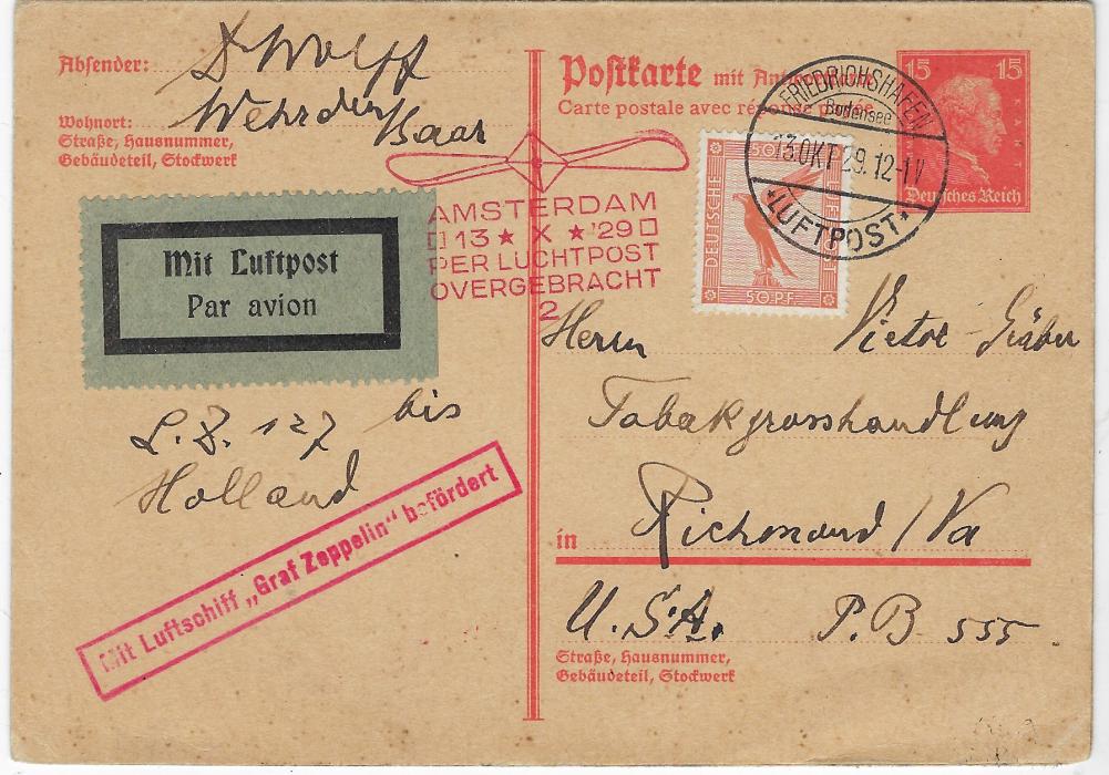 Germany (Zeppelin Mail) 1929 15pf reply postal stationery card uprated 50pf to USA cancelled Frierichshafen cds, red Amsterdam Flight cachet and red framed befordert handstamp, the reply section attached but unused.