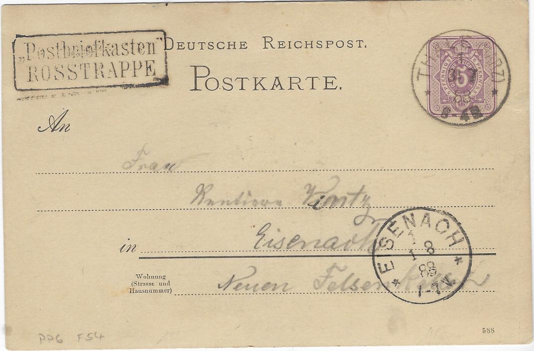 Germany (Picture Stationery) 1888 (30/7) 5pf card  with printed image titled Rosstrappe horses jumping across the valley with Thale (Harz) despatch cds, framed ‘Postbriefkasten ROSSTRAPPE’ handstamp at left and Esenach arrival; fine condition.