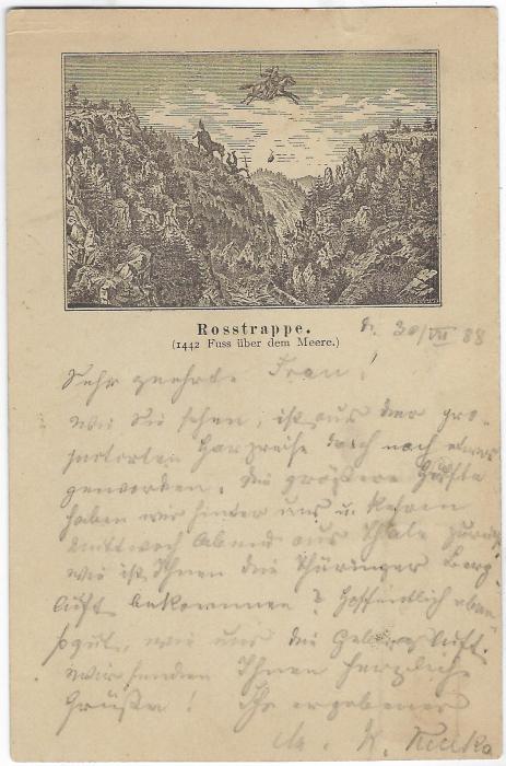 Germany (Picture Stationery) 1888 (30/7) 5pf card  with printed image titled Rosstrappe horses jumping across the valley with Thale (Harz) despatch cds, framed ‘Postbriefkasten ROSSTRAPPE’ handstamp at left and Esenach arrival; fine condition.