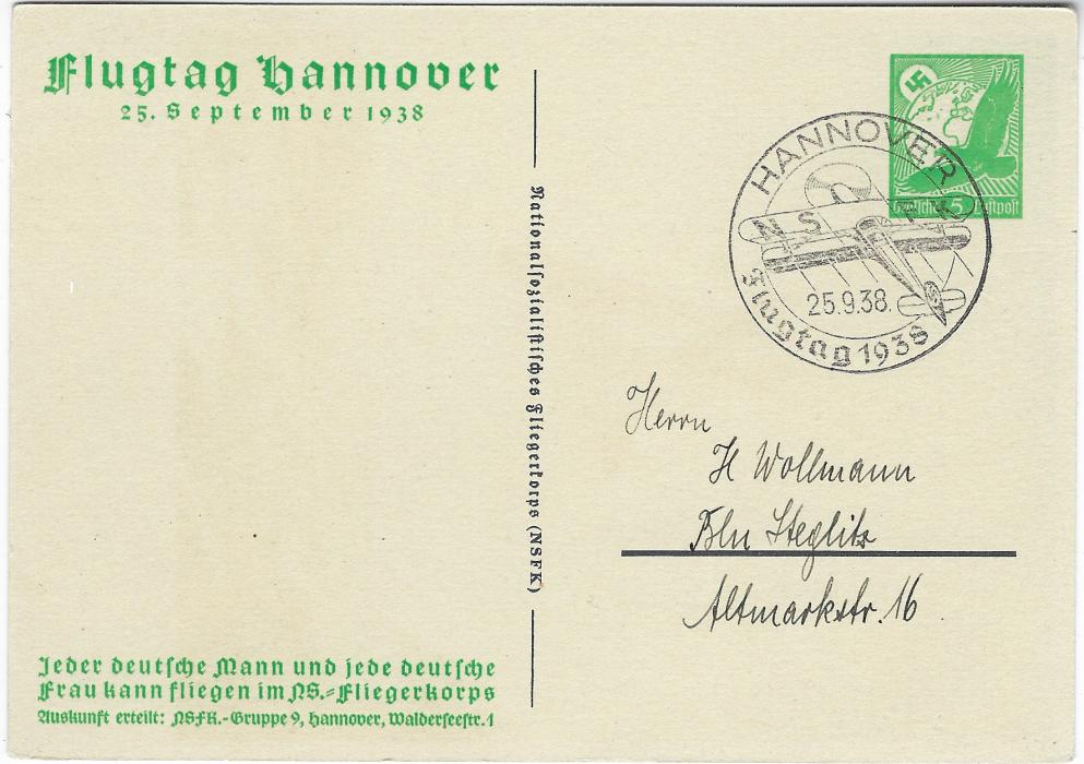 Germany (Picture Stationery) 1938 5pf ‘Flugtag Hannover’ private stationery card with image of biplane, cancelled with special cancel, special pictorial cancel, base with recruitment message for men and women aviators; fine condition.