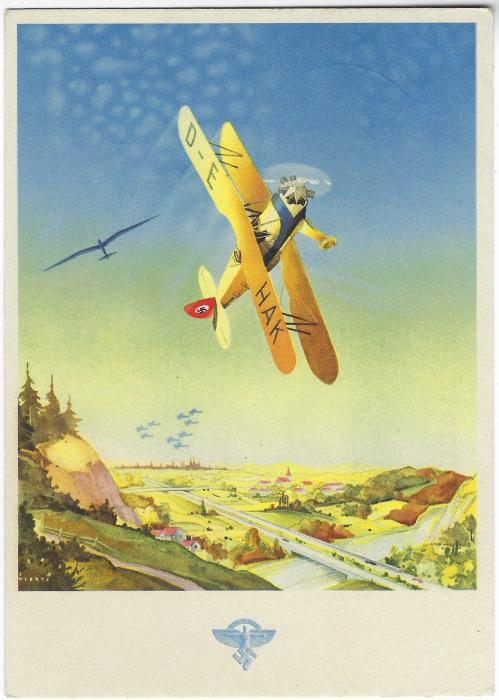 Germany (Picture Stationery) 1938 5pf ‘Flugtag Hannover’ private stationery card with image of biplane, cancelled with special cancel, special pictorial cancel, base with recruitment message for men and women aviators; fine condition.