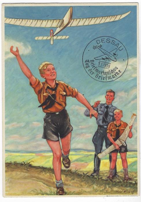 Germany (Propaganda Card) 1938 colour card  by Reichsluftpostfuhrer depicting Youths flying gliders with three pictorial DESSAU Stamp Day cancels, one tying the stamp; fine and scarce card.