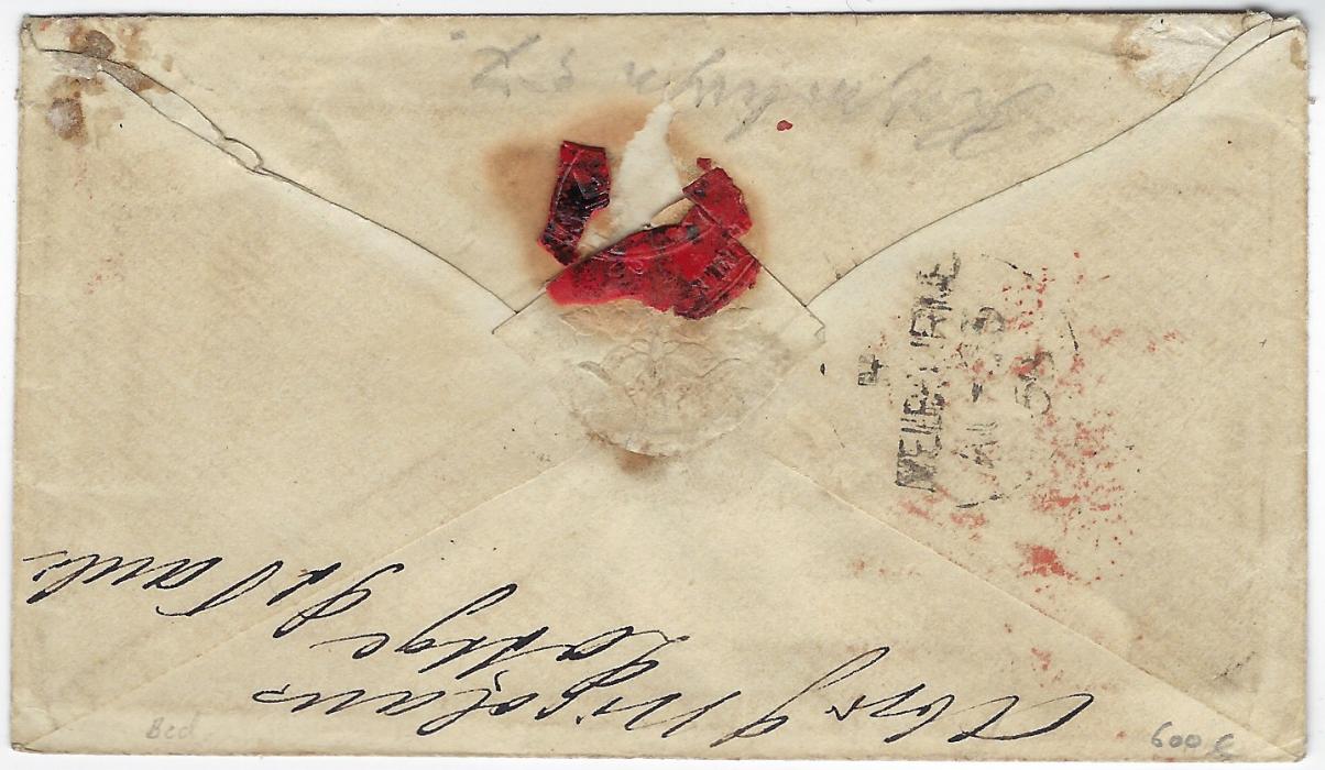 Germany (Hamburg) 1858 (22 May) small envelope addressed to Ballarat, Victoria, Australia with ‘gull wing’ despatch date stamp, London Paid transit of MY 24, at top an unclear UNCLAIMED handstamp and at left fine red three-line ‘SENT BACK TO ENGLAND/ WITHOUT A REASON/ FOR NON DELIVERY’, reverse with unclearly dated Melbourne cds; slight fault at centre of envelope.