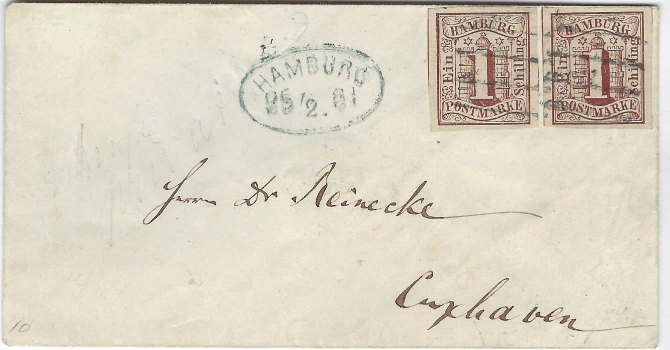 Germany (Hamburg) 1861 cover to Cuxhaven franked by two 1860 imperf 1Sch. brown, each with good to large margins, cancelled by short four-line cancel, oval date stamp to left; without any backstamps, fine and fresh.