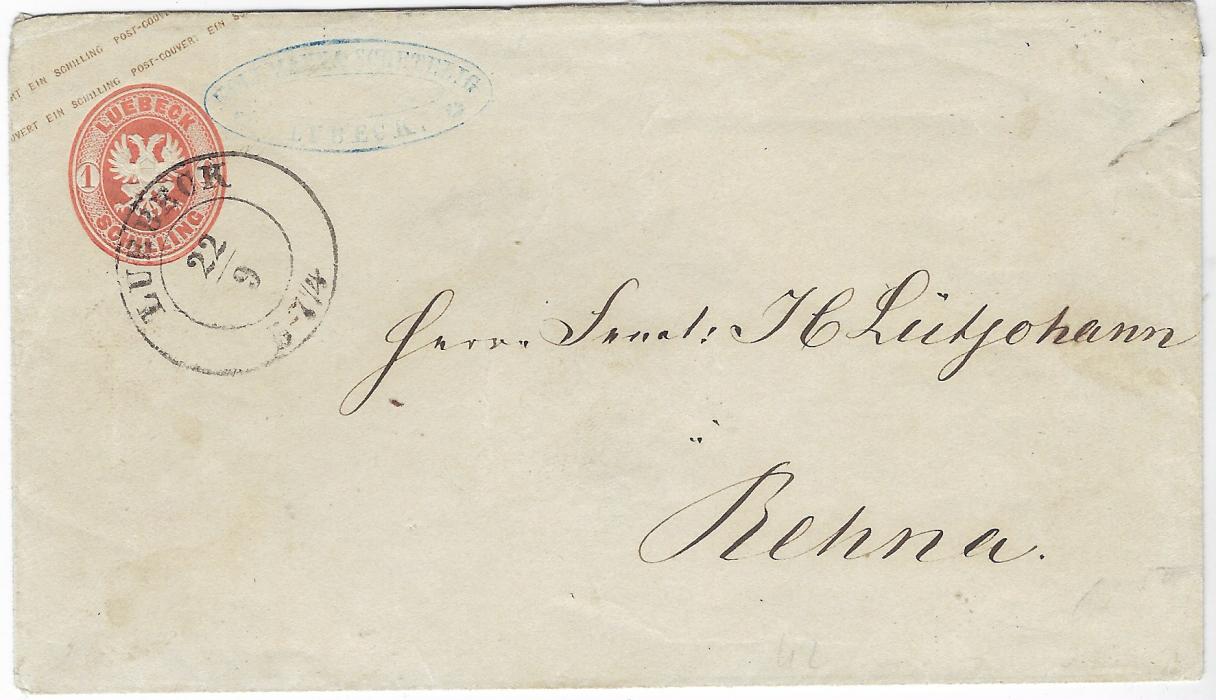 Germany (Lubeck) 1860s 1Sch. postal stationery envelope with image at left used locally with Luebeck date stamp; sound condition.
