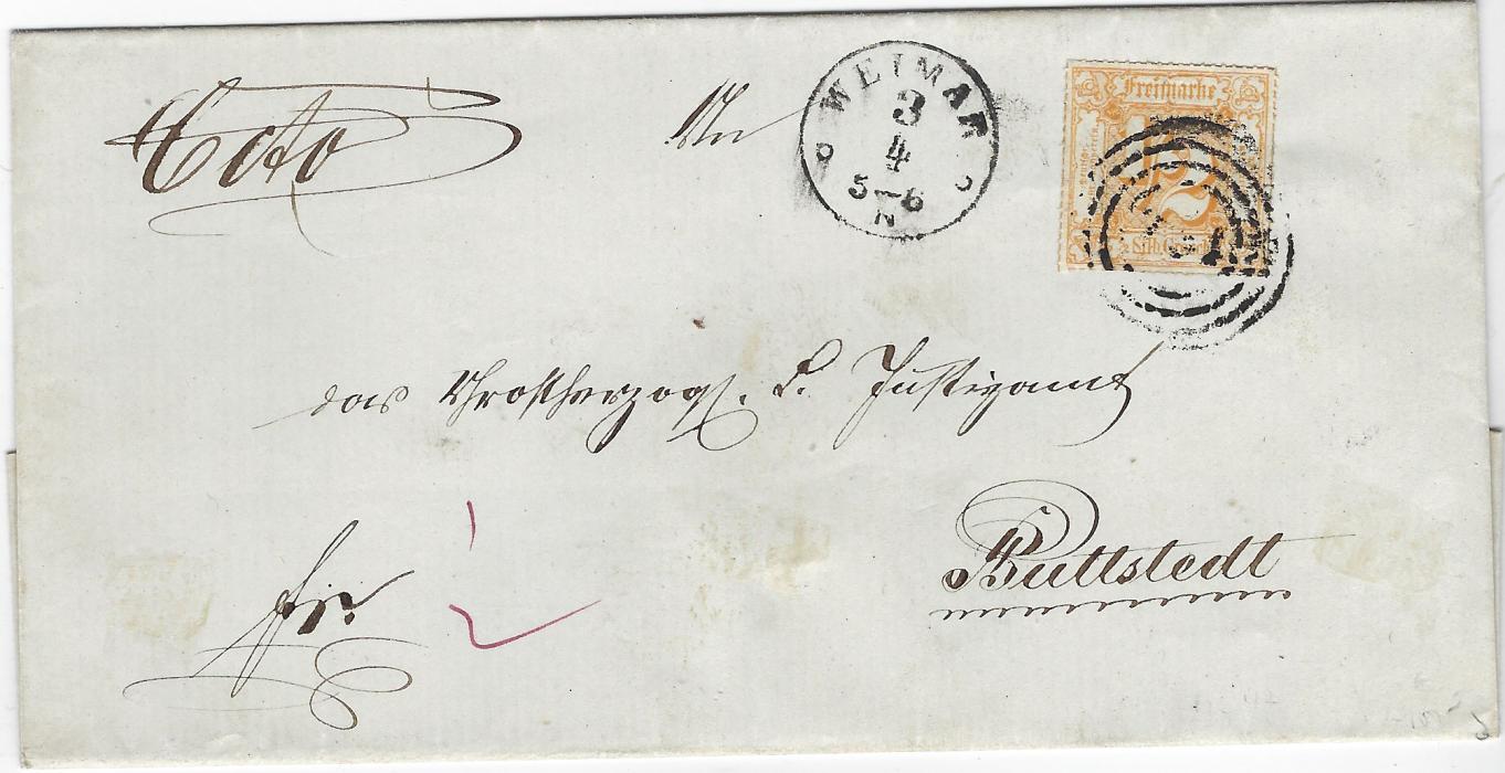 Germany (Thurn und Taxis) 1860s outer letter sheet to Buttstedt bearing single franking 1866 colour rouletted ½Gr. yellow-orange tied unclear four-ring numeral with Weimar cds in association; stamp with fine four even margins, unclear backstamps.