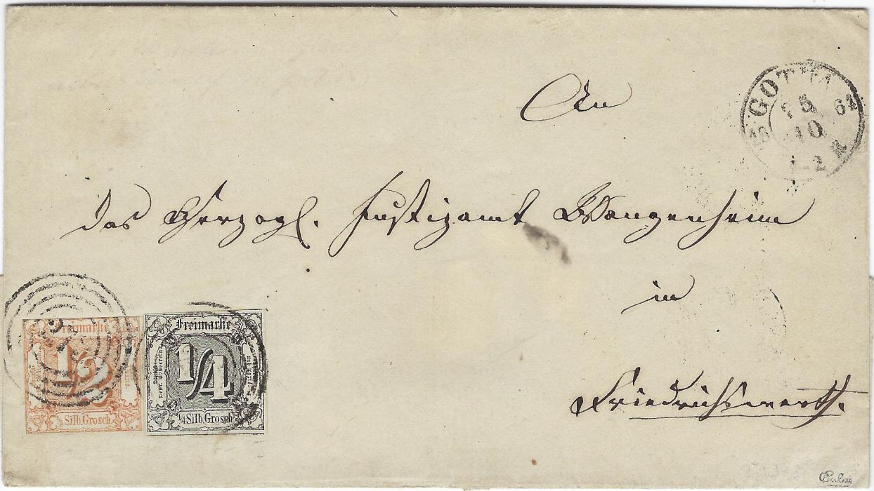 Germany (Thurn und Taxis) 1864 outer letter sheet to Friedrichswerth franked at bottom left with 1862-64 ¼Gr. black with good to large margins and ½Gr. orange with only two full margins tied 273 numerals, Gotha cds in association top right, arrival backstamps.