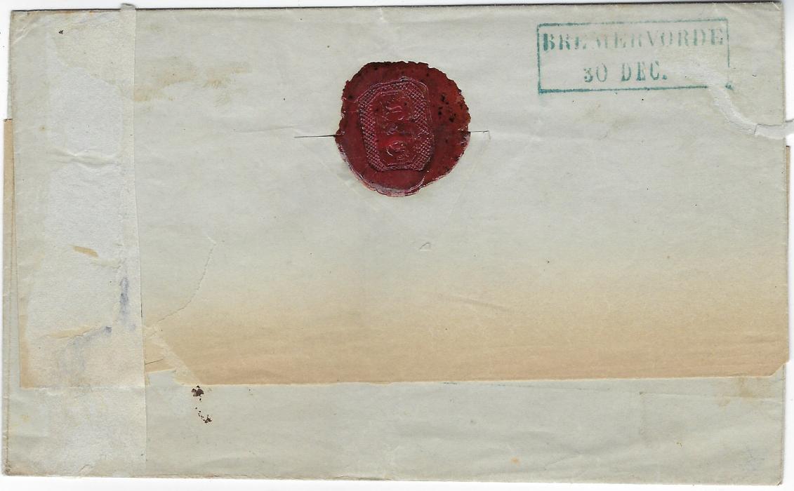 Germany (Hannover) late 1860s outer letter sheet registered to Bremervorde franked by three watermarked 1Ggr, a single and horizontal pair) tied by blue BREMEN 29/12 cds, RECOMMANDIRT handstamp at top in same ink, also showing manuscript “Charge” , framed arrival backstamp of the next day.