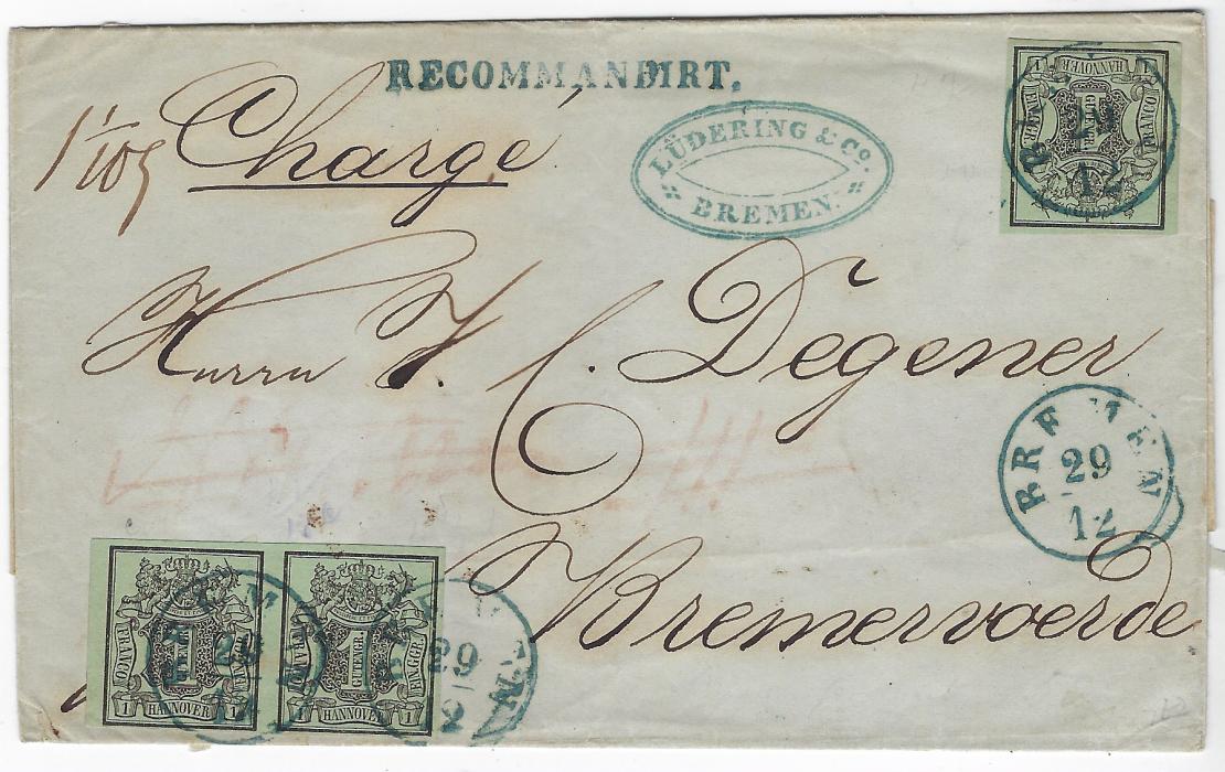 Germany (Hannover) late 1860s outer letter sheet registered to Bremervorde franked by three watermarked 1Ggr, a single and horizontal pair) tied by blue BREMEN 29/12 cds, RECOMMANDIRT handstamp at top in same ink, also showing manuscript “Charge” , framed arrival backstamp of the next day.