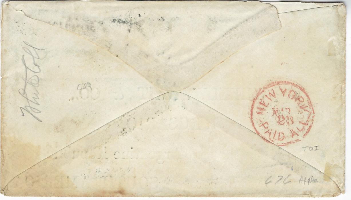 United States 1868 printed envelope to Rosario, Argentina franked 1861 3c., 10c. and 30c. cancelled by matching cork cancels, Boston despatch cds at right and red New York Paid All transit on reverse, front with unclear cancel and faint red 22 ½ accountancy. The 3c. with bottom left corner perf creased and the 30c off centre. The Philatelic Foundation Cert (2022)