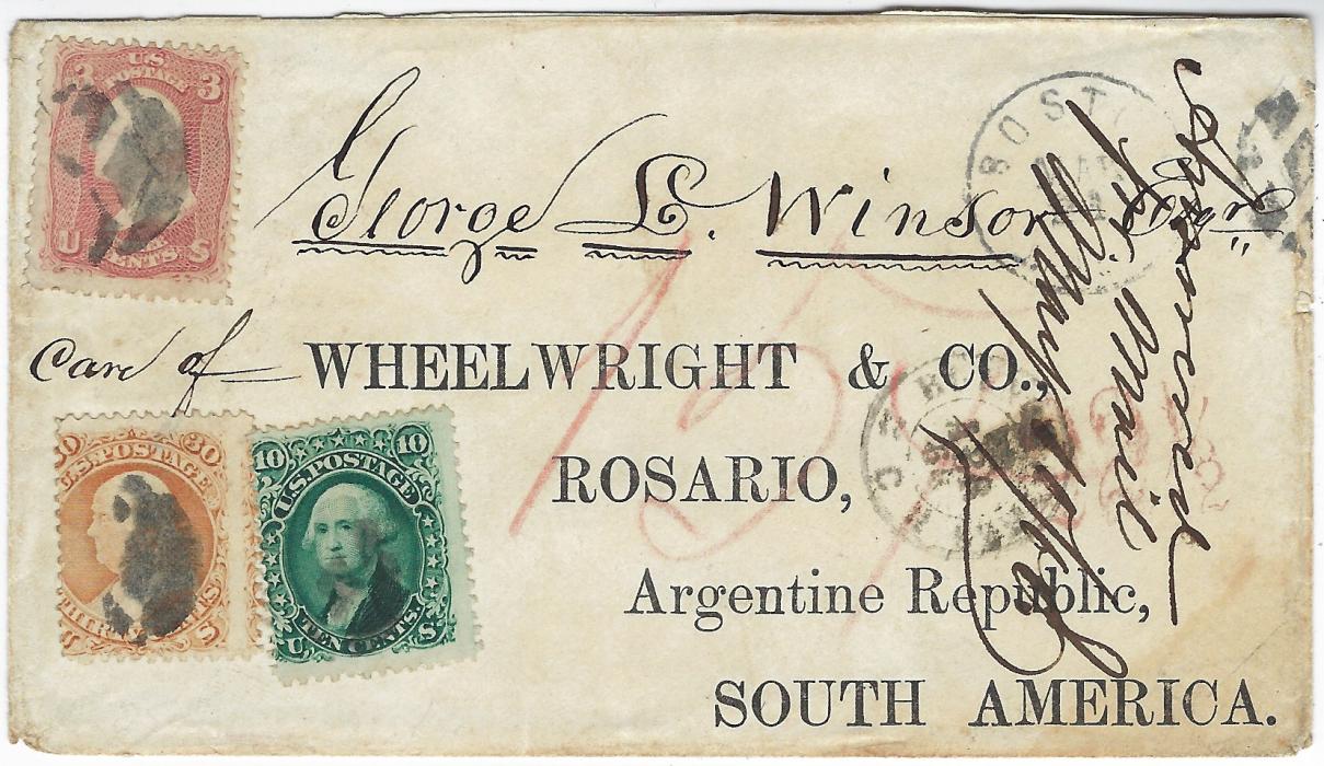 United States 1868 printed envelope to Rosario, Argentina franked 1861 3c., 10c. and 30c. cancelled by matching cork cancels, Boston despatch cds at right and red New York Paid All transit on reverse, front with unclear cancel and faint red 22 ½ accountancy. The 3c. with bottom left corner perf creased and the 30c off centre. The Philatelic Foundation Cert (2022)