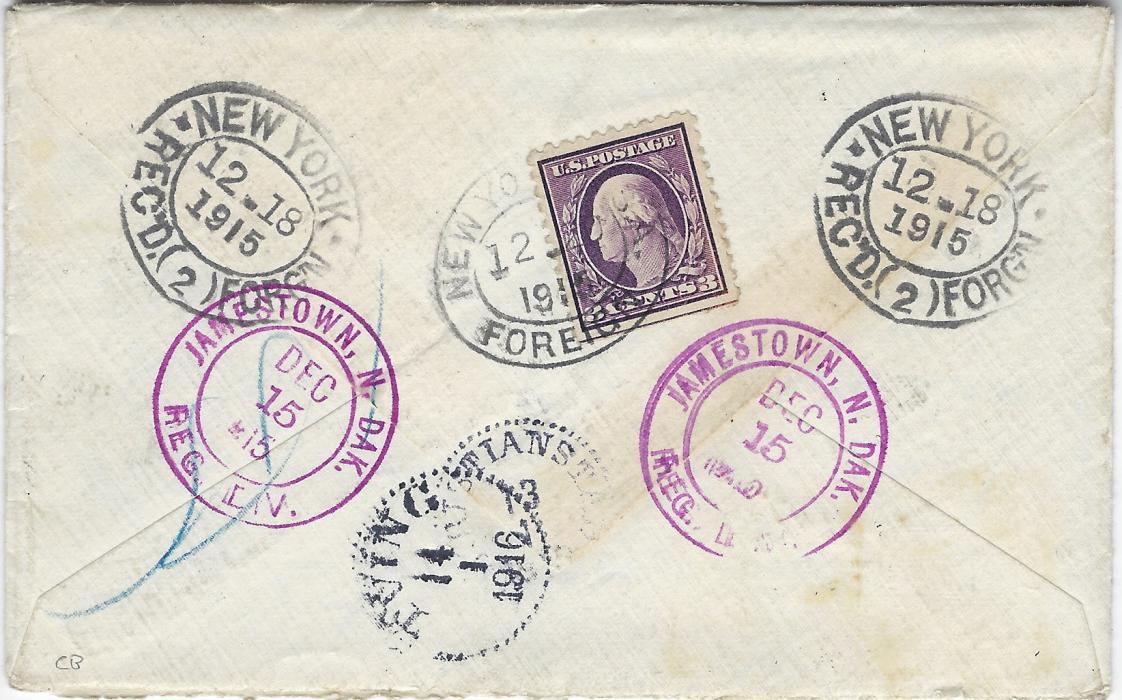 United States (Registration Stamp) 1915(12 18) cover to Tving, Sweden from Jamestown, N Dak. Franked at 5c rate plus 10c. ‘Eagle’, the two on front cancelled by segmented cork and 3c on reverse in transit at New York, Jamestown N.Dak. despatch backstamps, Christianstad transit and arrival cds (14/1/1916).