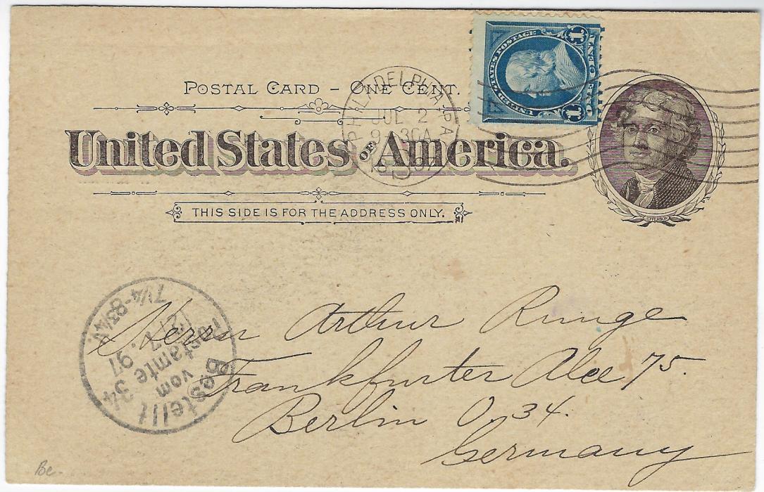 United States (Picture Stationery) 1897 1c Jefferson card with printed image titled ‘18te National Saengerfest Philadelphia’ in German, fine uprated to Berlin, Germany, scarce early card.
