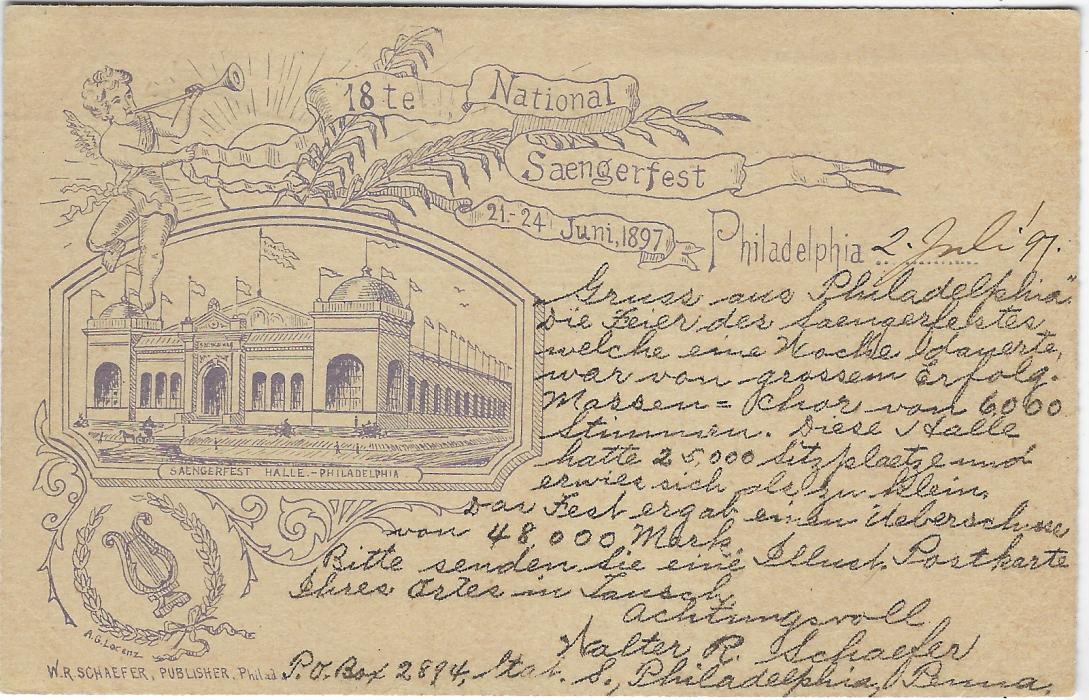 United States (Picture Stationery) 1897 1c Jefferson card with printed image titled ‘18te National Saengerfest Philadelphia’ in German, fine uprated to Berlin, Germany, scarce early card.