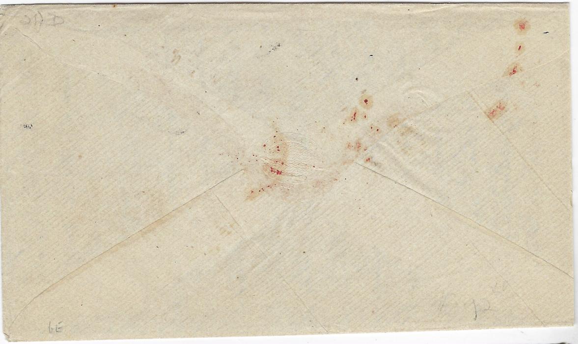 United States 1866 (Jan 15) envelope addressed to “U.S. Flag Ship Colorado” at Paris franked 1861-63 3c. and 12c. paying the ¼ oz. rate, tied Palmyra N.Y. cds, red New York Paid 3 date stamp (Jan 20) crediting France with 3c., octagonal French maritime cancel and framed ‘PD’ in same ink.