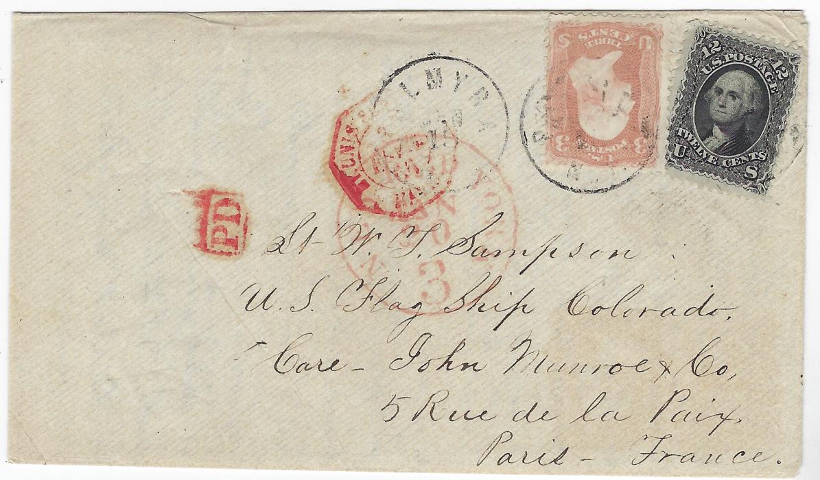 United States 1866 (Jan 15) envelope addressed to “U.S. Flag Ship Colorado” at Paris franked 1861-63 3c. and 12c. paying the ¼ oz. rate, tied Palmyra N.Y. cds, red New York Paid 3 date stamp (Jan 20) crediting France with 3c., octagonal French maritime cancel and framed ‘PD’ in same ink.