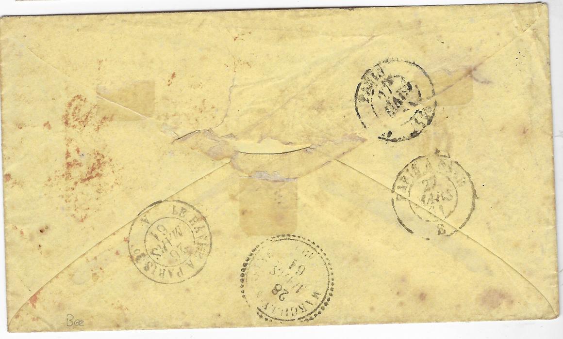 United States 1861 (Mar 2) envelope to Marseille, France franked 1857-61 1c. pair, 3c. and 10c. (rounded top right corner) cancelled with dots in a circle handstamp, large Superior Wis. Despatch at left, three stamps also tied by red New York PAID 12 date stamp denoting amount due from France for a letter carried by a British Packet, red octagonal French maritime date stamp and framed PD, reverse with French tpo transits and arrival. 