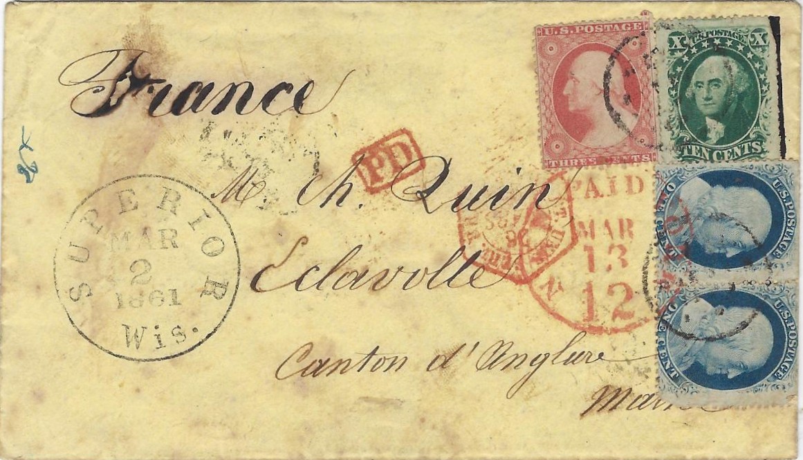 United States 1861 (Mar 2) envelope to Marseille, France franked 1857-61 1c. pair, 3c. and 10c. (rounded top right corner) cancelled with dots in a circle handstamp, large Superior Wis. Despatch at left, three stamps also tied by red New York PAID 12 date stamp denoting amount due from France for a letter carried by a British Packet, red octagonal French maritime date stamp and framed PD, reverse with French tpo transits and arrival. 