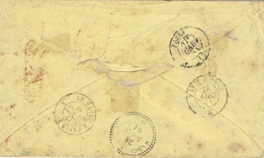 United States 1861 (Mar 2) envelope to Marseille, France franked 1857-61 1c. pair, 3c. and 10c. (rounded top right corner) cancelled with dots in a circle handstamp, large Superior Wis. Despatch at left, three stamps also tied by red New York PAID 12 date stamp denoting amount due from France for a letter carried by a British Packet, red octagonal French maritime date stamp and framed PD, reverse with French tpo transits and arrival. 