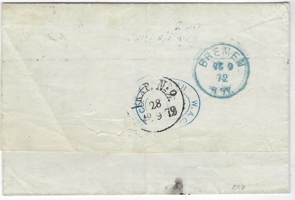 United States 1872 outer letter sheet to Stockholm, Sweden, endorsed “Via New York” and showing blue framed Aus Westindien/ uber New York handstamp, New York 7 transit at right showing the portion owing to Bremen, manuscript “8½“ (Gr) and “99” Ore, reverse with blue Bremen cds (inverted day of month) and arrival cancel. All of the similar mail known emanated from Cuba. 