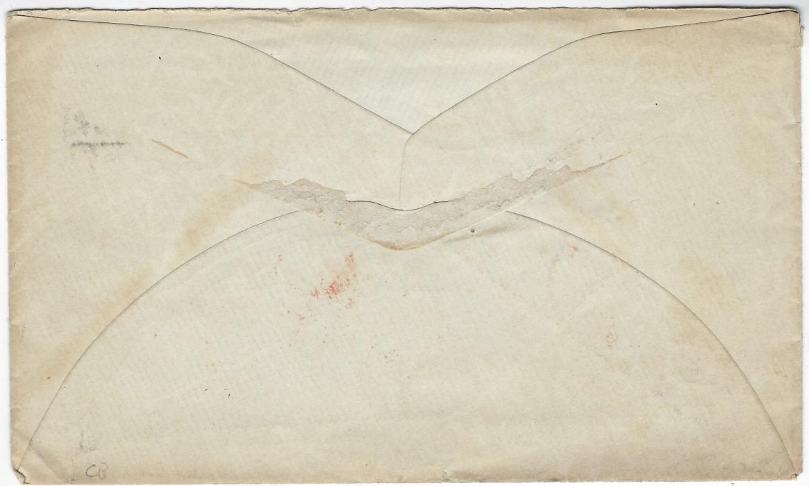 United States 1870 (Apr 21) 3c stationery envelope to London uprated 1869 3c. ‘Locomotive’ cancelled Albany duplex, paying the new Treat Rate effective from Jan 1870, red New York transit and arrival cds; without backflap otherwise sound.