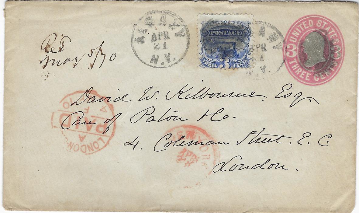 United States 1870 (Apr 21) 3c stationery envelope to London uprated 1869 3c. ‘Locomotive’ cancelled Albany duplex, paying the new Treat Rate effective from Jan 1870, red New York transit and arrival cds; without backflap otherwise sound.