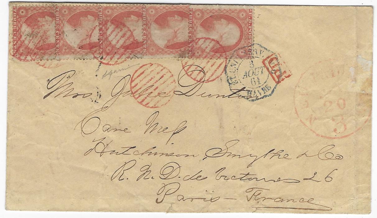 United States 1861 (Jul 20)envelope to Paris franked with five overlapping 3c. tied by fine red grid handstamps, similarly coloured New York Paid 3 date stamp for French credit before being put on the Havre Line steamship “Arago”, good strike in blue of French maritime datestamp applied at Havre, arrival backstamps; some faults to envelope but still an attractive franking.