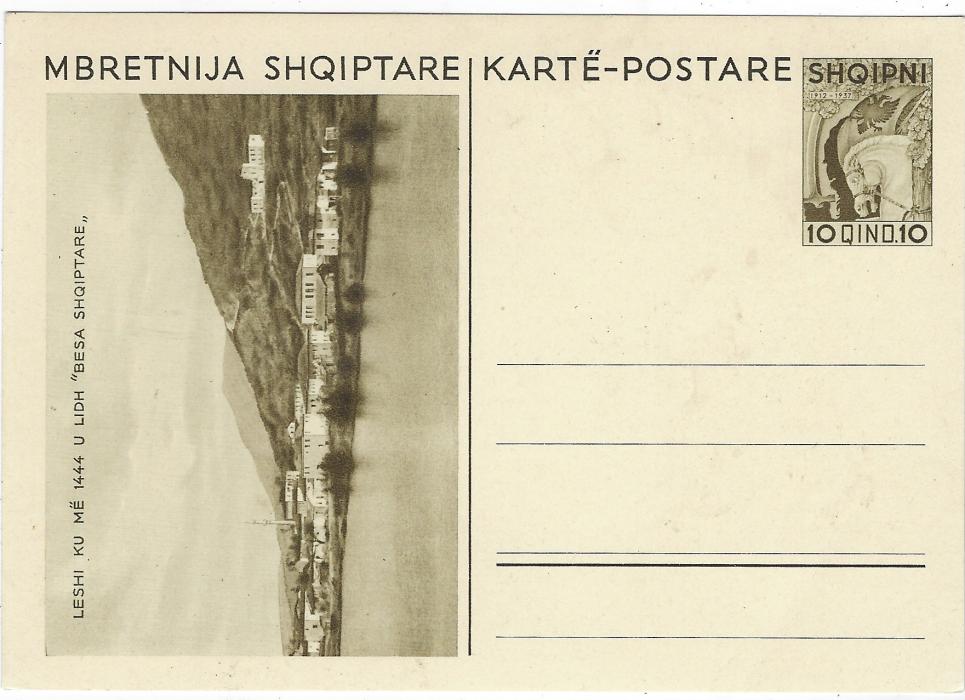 Albania (Picture Stationery) 1937 10q olive-green and 15q carmine postal stationery cards with olive green scenes at left, the 10q cards complete set of 5 views, the 15q missing the Bridge; fine unused
