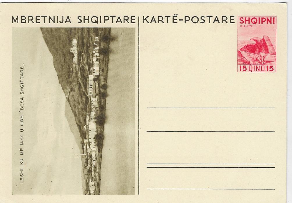 Albania (Picture Stationery) 1937 10q olive-green and 15q carmine postal stationery cards with olive green scenes at left, the 10q cards complete set of 5 views, the 15q missing the Bridge; fine unused