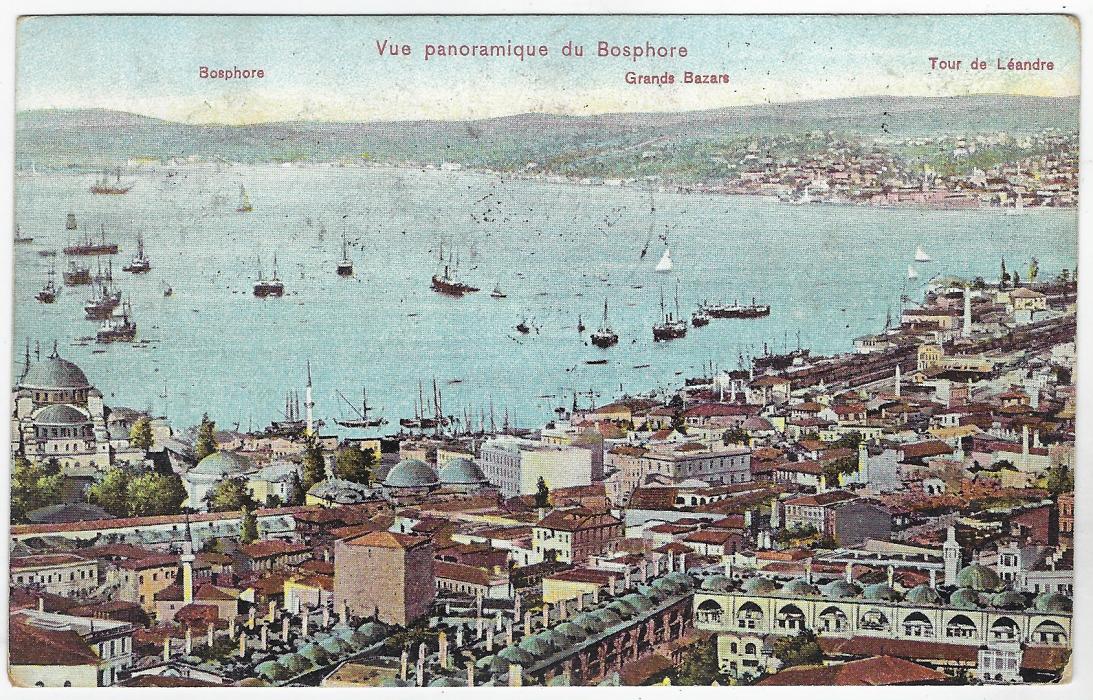 Austrian Levant 1908 (18.VII.) registered picture postcard of Constantinople to Dresden bearing a mixed franking of French currency 5c. and 10c. together with Turkish currency 1pi. tied by two Constantinopel III Oesterr Post cds with matching registration label to left, arrival cds bottom left.