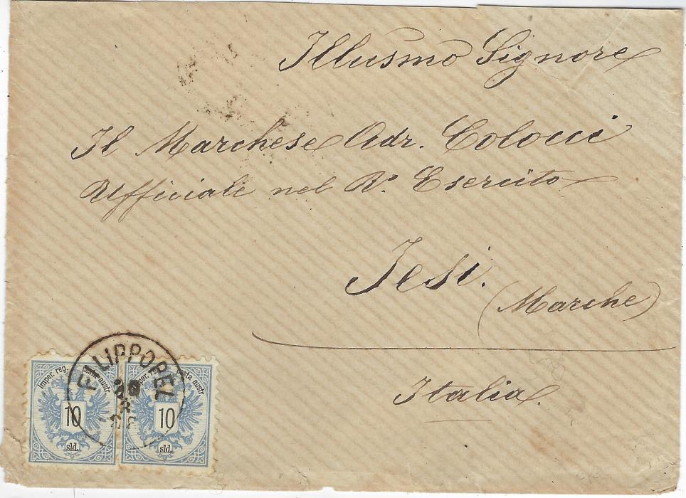 Austrian Levant (Bulgaria) 1886 cover to Tesi, Italy franked by two 1883 10s blue tied by a single Filippopel cds, reverse with transit cds, one of which is affected by partial loss of backflap, some other peripheral faults to envelope.