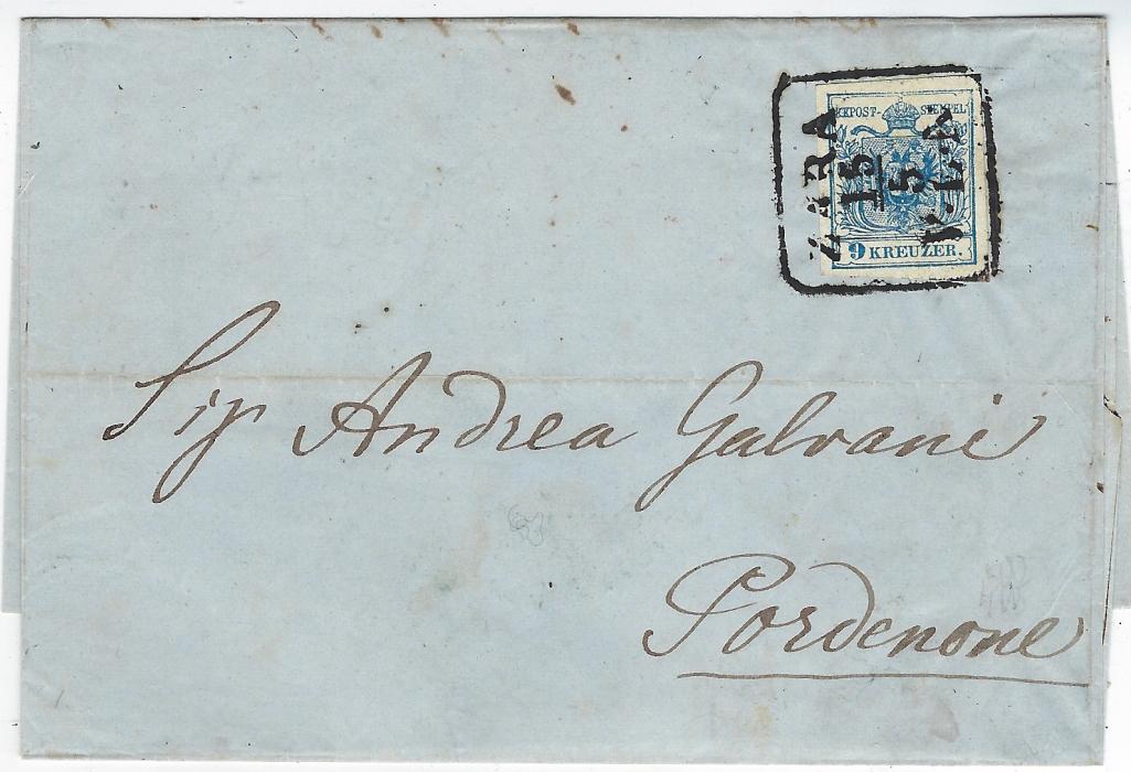 Austria (Dalmatia) 1857 outer letter sheet to Pordenone, Italy bearing single franking 1854 9Kr blue (Type III) with four good even margins tied  by framed ZARA 15/5 V.L.A. date stamp, reverse with Trieste transit of the following day and two-line arrival of the day after that; good clean example. 