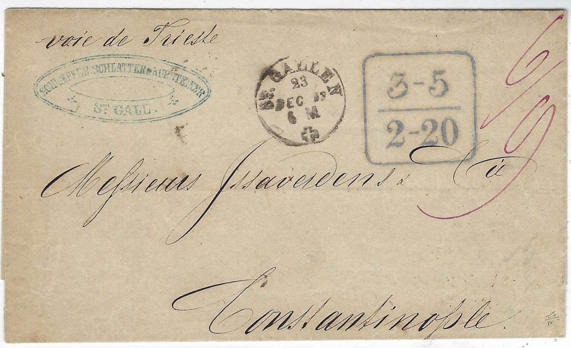 Switzerland 1857 (23 Dec) unpaid entire with part contents to Constantinople, endorsed “voie de Trieste” bearing central St Gallen cds and a very fine strike of rare framed tax mark ‘3 – 5/ 2 – 20’ for 3 piastres 5 paras Swiss/Postal Union fee and 2 piastres 20 para postage beyond Trieste, to be paid by the recipient, reverse with Trieste Abends transit (26/12) and arrival cds of 8/1.