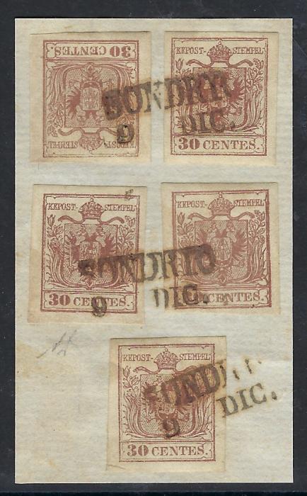 Italian States 1850s small piece bearing five examples of 30c brown, type III, each with good margins and cancelled by three two-line SONDRIO date stamps; initialled AD, fine condition.