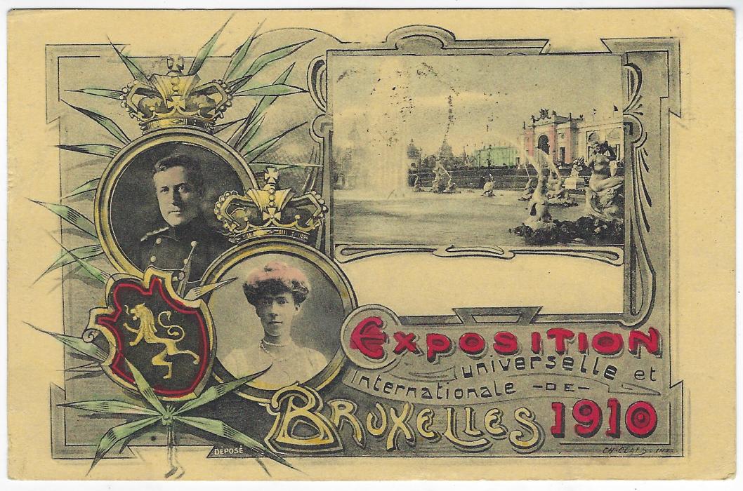 Belgium (Picture Stationery) 1910 5c card with colour illustration of ‘Exposition Universelle et Internationale de Bruxelles’, addressed to England with violet Exhibition label tied blue handstamp, very fine Exhibition machine cancel tying stamp image.