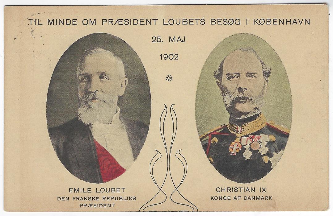 Denmark (Picture Stationery) 1902 (25.5.) 3o card commemorating the visit of President Emile Loubet of France to Copenhagen on 25th May, the President’s image at left and King Christian IX portrait at right, fine used within Copenhagen on the day of the visit.  