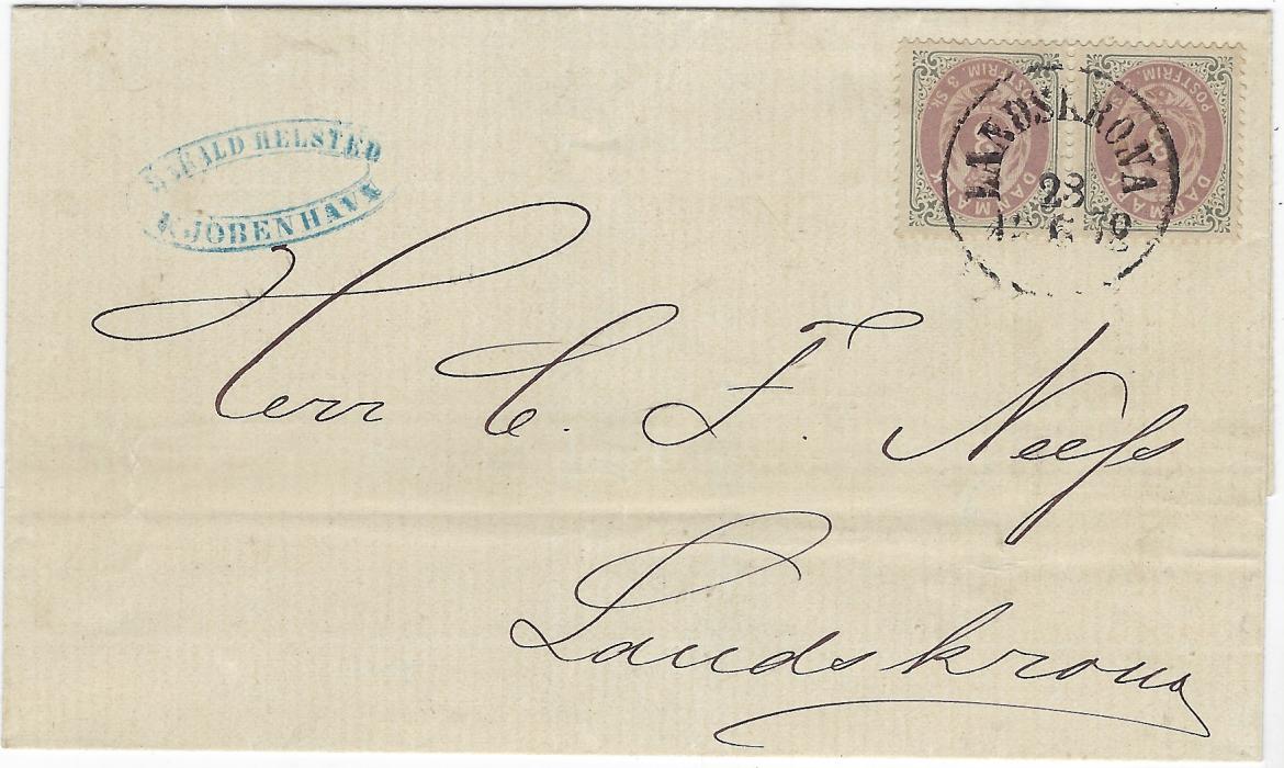 Denmark 1872 (28/6) outer letter sheet from Copenhagen to Landskrona, Sweden franked by pair 1871 3sk lilac and grey, perf 14 x 13½, only cancelled on arrival; very fine quality with  Lasse Nielsen Certificate. 