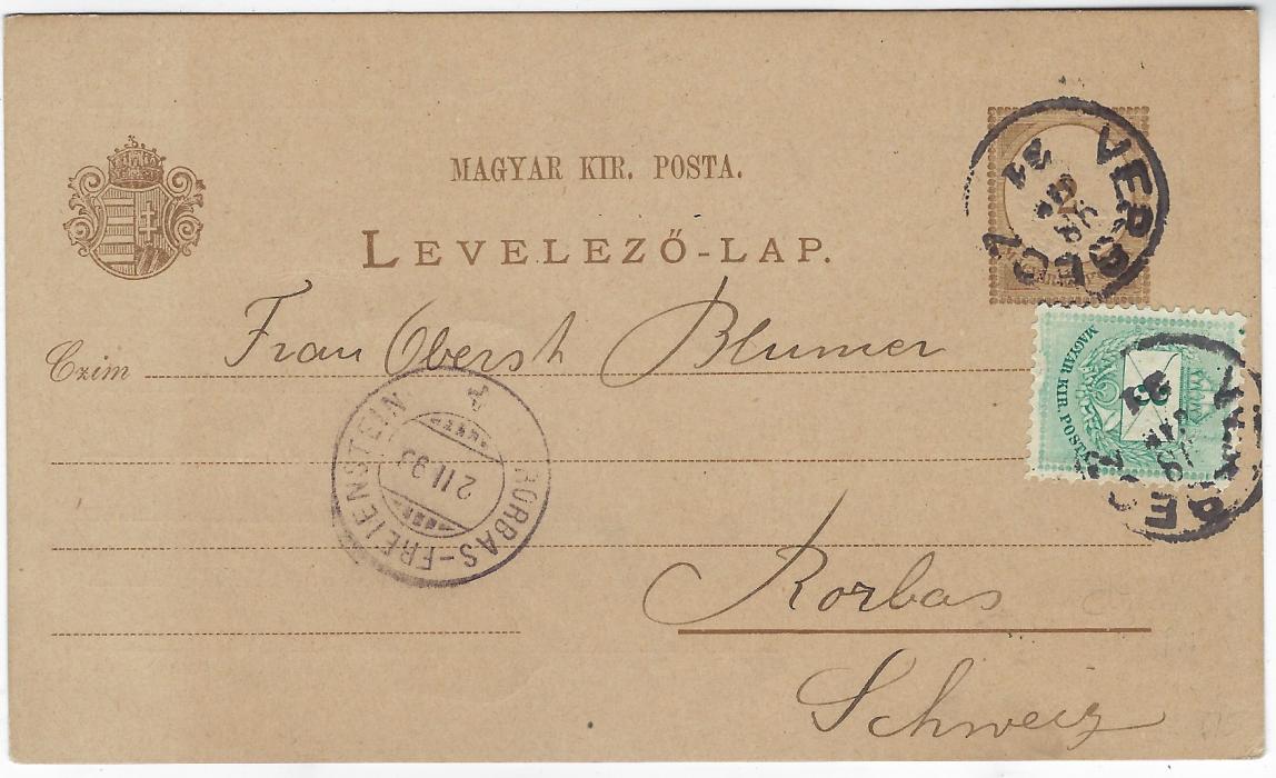 Hungary (Picture Stationery) 1898 (31 Jan) 2Kr. card to Rorbas, Switzerland, uprated 3Kr. tied Versecz cds, arrival cancel to left. Reverse with printed image of Battery Chickens; fine condition.