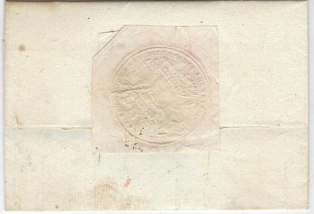 Greece (Ionian Islands – Disinfected Mail) 1824 (17 Oct) entire from Corfu to Otranto bearing large double-ring Isole Jonie handstamp, straight-line OTRANTO arrival at top, two horizontal disinfection slits with very fine paper wafer seal on reverse ‘Sigillum Ces. Reg. Gibernii Litoralis Austriaci’. Dr. G. Chiavarello Certificate.