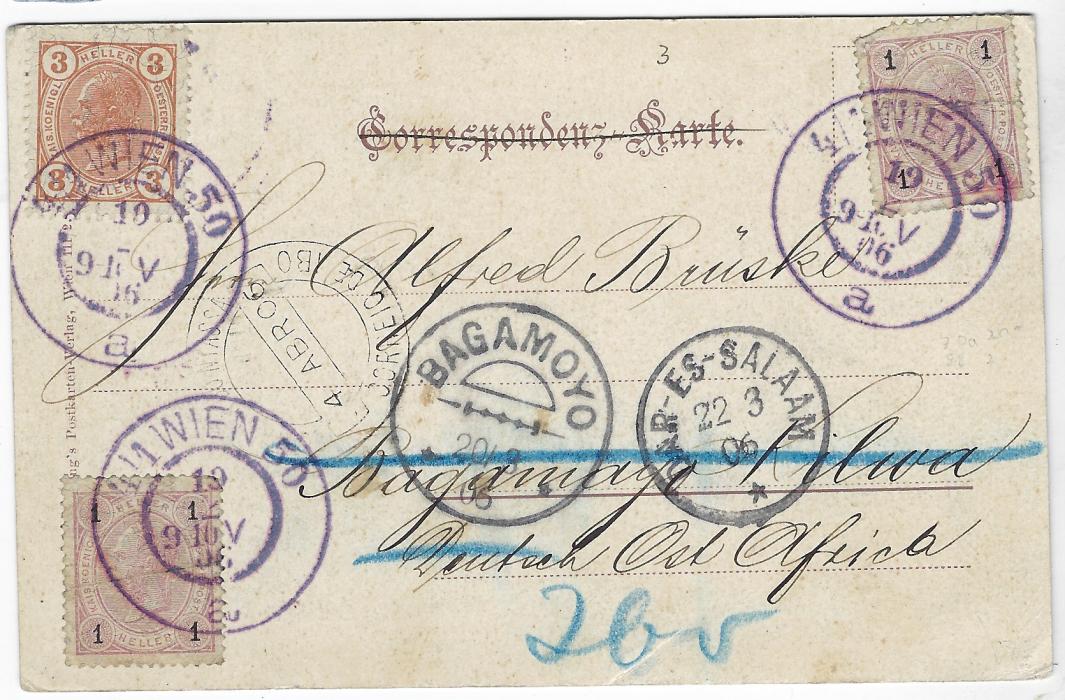 German East Africa 1906 picture postcard from Vienna addressed to Bagamojo Kilwa, showing central arrival cancel, redirected then to Ibo Nyassa with Dar-Es-Salaam transit to right and final arrival to left; top right stamp with corner fault otherwise fine and attractive.