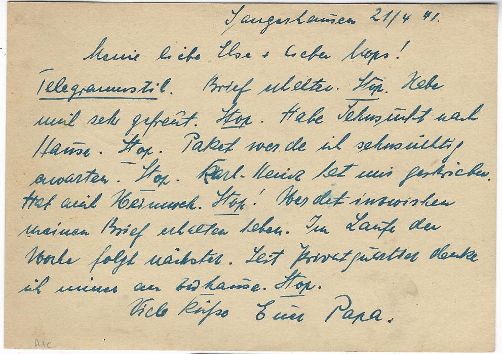 Germany (Propaganda – Matthes Vignette) 1941 (22.4.) Feldpostkarte to Kassel with vignette showing portrait of Churchill and inscription ‘Wertlose Marke’ cancelled Sangerhausen cds, military cachet at centre; fine condition with full message.