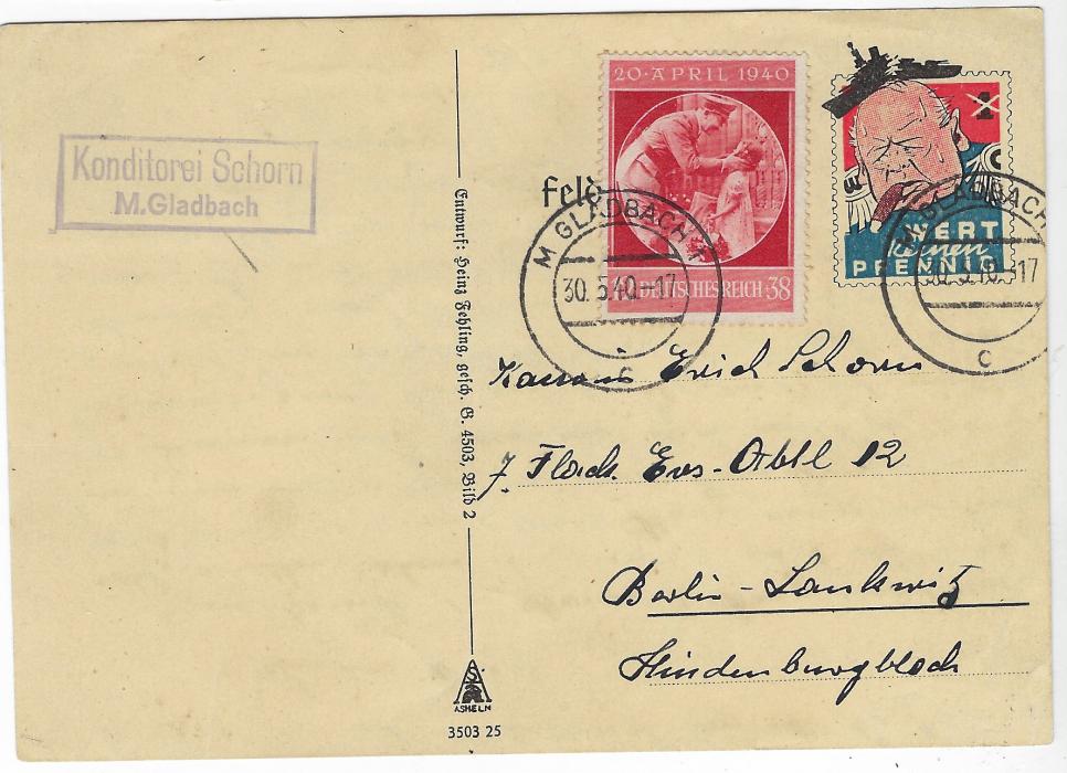 Germany (Propaganda) 1940 (30.5.) Churchill propaganda card showing part of type II feldpost, additionally franked with 12pf + 38pf issue for regular postage between M. Gladbach and Berlin; good condition with full message.