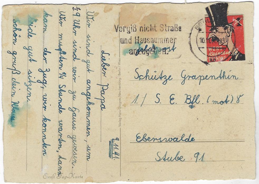 Germany (Propaganda) 1941 (10.11.) postcard used from Berlin to Eberswalde, franked only by cut-out of the Chamberlain propaganda card, tied slogan cancel; some staining and ink water affected. A most unusual usage that appears to have been accepted.