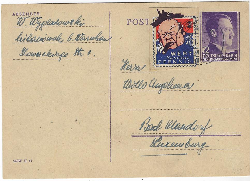 Germany (Propaganda) 1940s Generalgovernment, Occupation of Poland, 12Gr. stationery card addressed to Luxembourg, additionally franked with cut-out from Churchill propaganda card tied Krakau cds; fine condition, probably cto only.