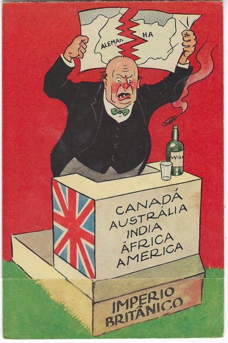 Germany (Propaganda) Late 1930s fold-out card depicting Churchill tearing Germany apart (Whisky on the podium) entitled IMPERIO BRITANICO at base, once folded out it shows Churchill sitting with his bottle on the grave of the British Empire; fine and scarce, Portuguese produced card