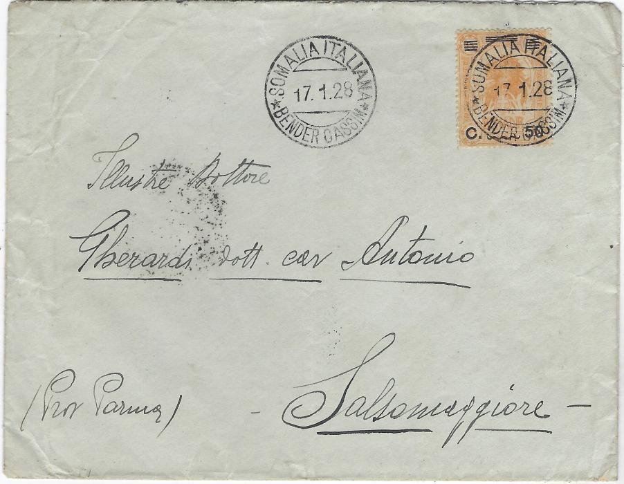 Italian Colonies (Somalia) 1928 (17.1.) cover to Salsomaggiore bearing single franking 1926 ‘Lion’ 50c. on 5a yellow-orange tied by fine Somalia Italiana Bender Cassim cds. A fine example of the scarce cancel.