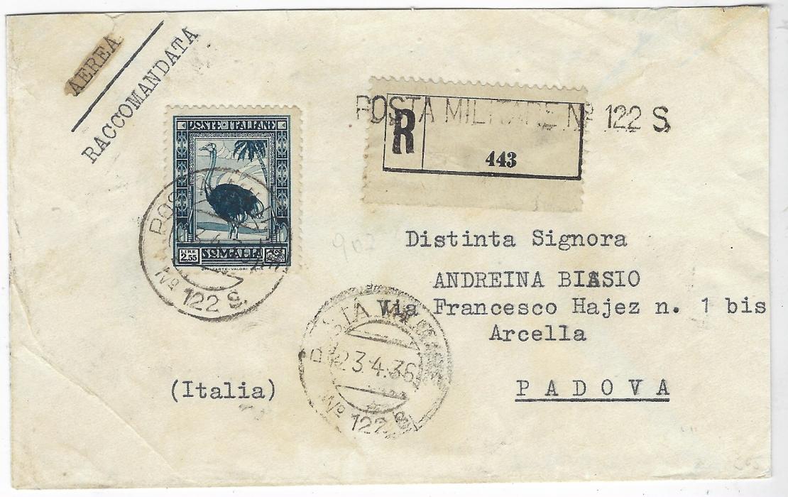 Italian Colonies (Somalia) 1936 (23.4.) registered cover to Padova bearing single-franking 1932 2L.55 Ostrich tied by Posta Militare No. 122 S cds, formula registration etiquette with similar straight-line handstamp. A fine single franking paying 50c postage, 1.25L registration and 80c airmail = 2l.55; slight overall ageing.