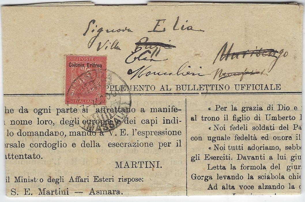 Italian Colonies (Eritrea) 1900 folded printed circular ‘Supplemento al Bullettino Ufficiale N.32’ sent locally, bearing single franking 1893 ‘Colonia Eritrea’ overprinted 2c. brown-red tie by double-ring Ghinda (Massaua) date stamp. Folded for display, still a complete 4 side publication, 250 x 350 mm when opened out.
